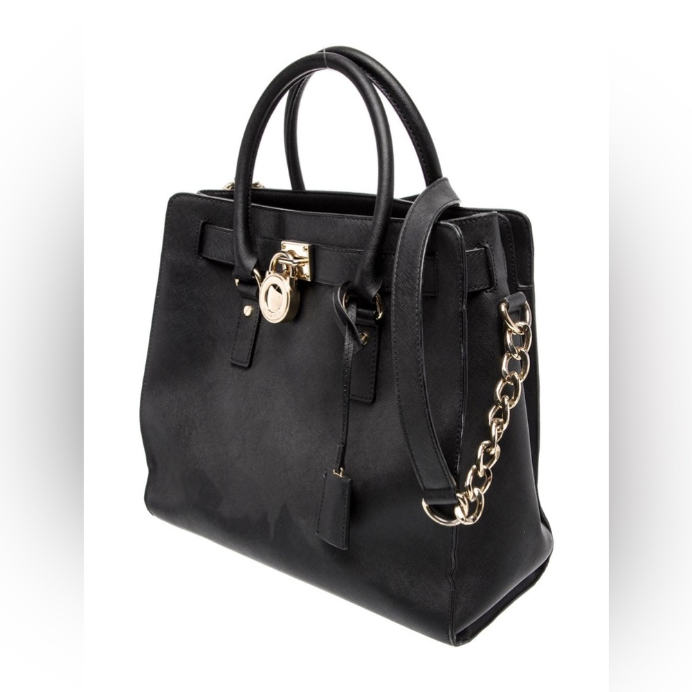 MICHAEL KORS Saffiano Hamilton satchel in black leather purse gold hardware